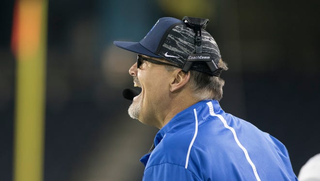 Coach Pete Shinnick during the University of West Florida vs Texas A&M - Commerce NCAA Division II National Championship football game at Children's Mercy Park in Kansas City, Kansas on Saturday, December 16, 2017.