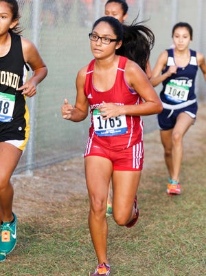 Robstown's Cindy Sanchez (center) competes at the Region IV-4A Cross-Country Meet on Saturday, October 29th at the Dr. Jack A. Dugan Stadium in Corpus Christi. Sanchez qualified for state after missing out as a sophomore and junior.