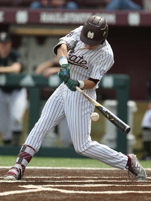 Mississippi State's Jake Mangum (15) gets a hit in the first inning. Mississippi State played Vanderbilt in an SEC college baseball game on Saturday, March 17, 2018. Photo by Keith Warren