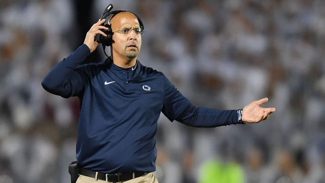 Sep 29, 2018; University Park, PA, USA; Penn State Nittany Lions head coach James Franklin reacts in the fourth quarter against the Ohio State Buckeyes at Beaver Stadium. Mandatory Credit: James Lang-USA TODAY Sports