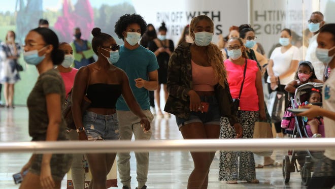 Social distancing was a challenge for some at Westfield Garden State Plaza, in Paramus, as it opened for the first time since the winter. Monday, June 29, 2020