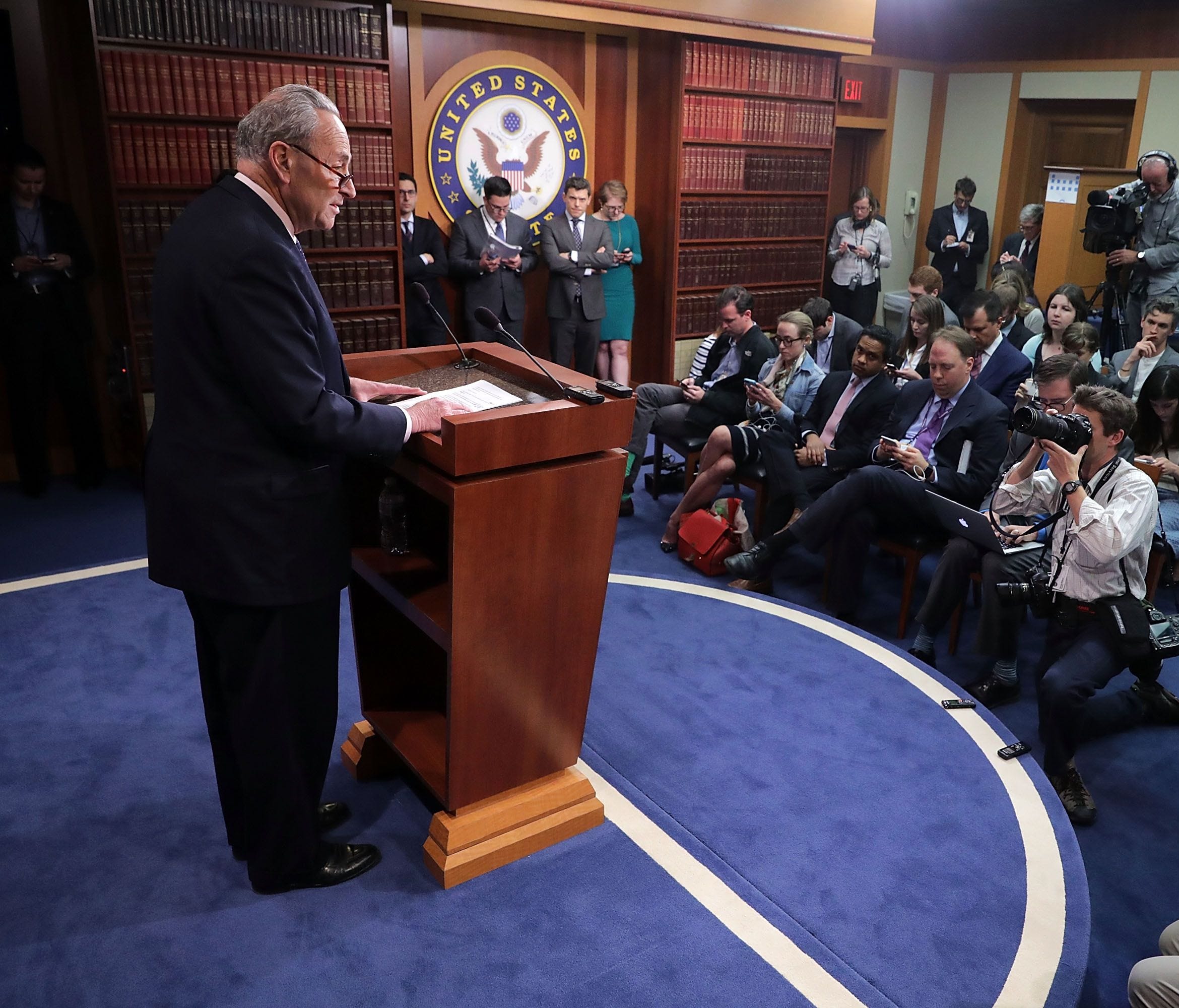 Senate Minority Leader Chuck Schumer holds a news conference at the U.S. Capitol following the firing of FBI Director James Comey on May 9, 2017.