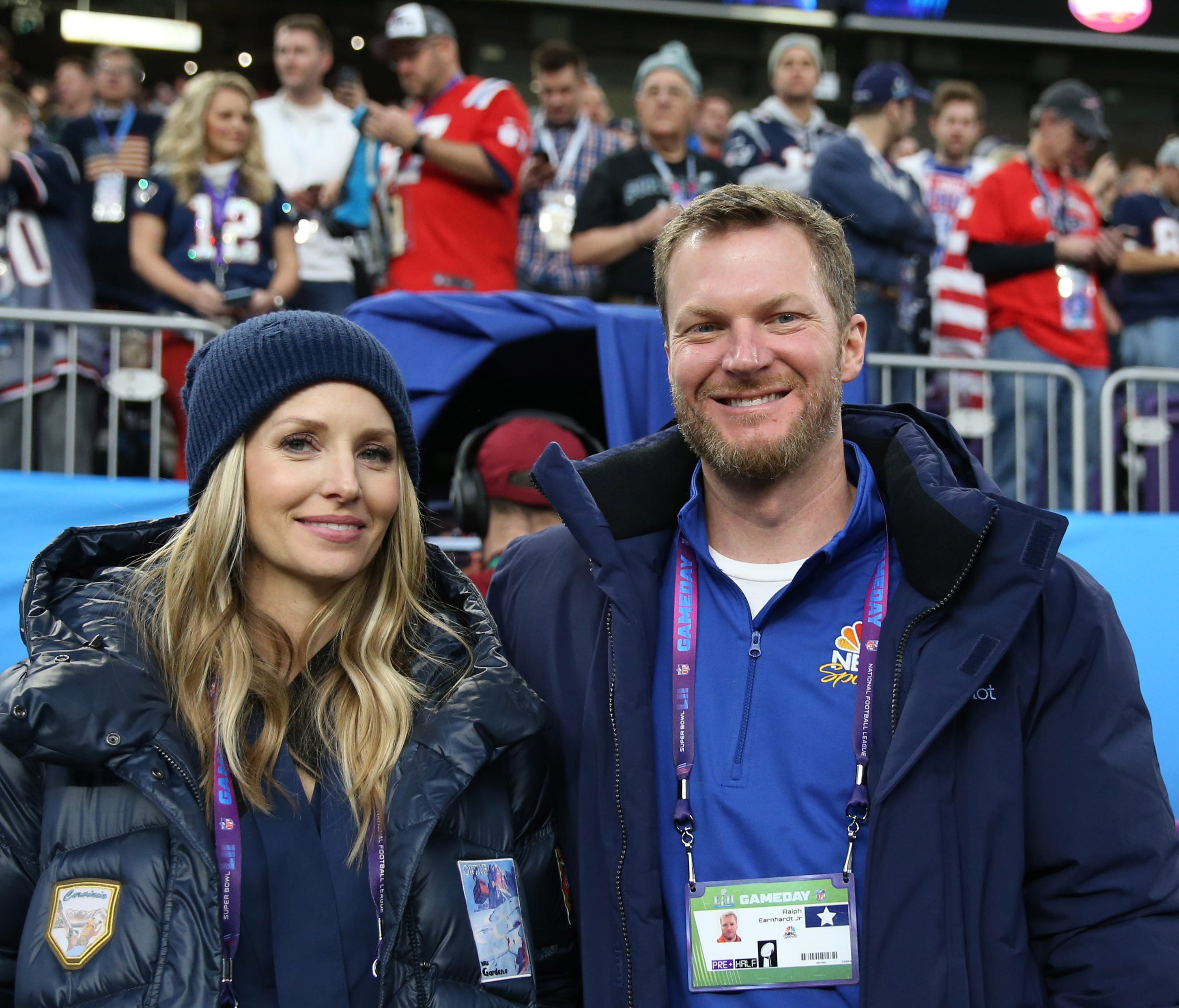 NASCAR retired driver Dale Earnhardt, Jr. and wife Amy Reimann in attendance before Super Bowl LII between the Philadelphia Eagles and the New England Patriots at U.S. Bank Stadium.