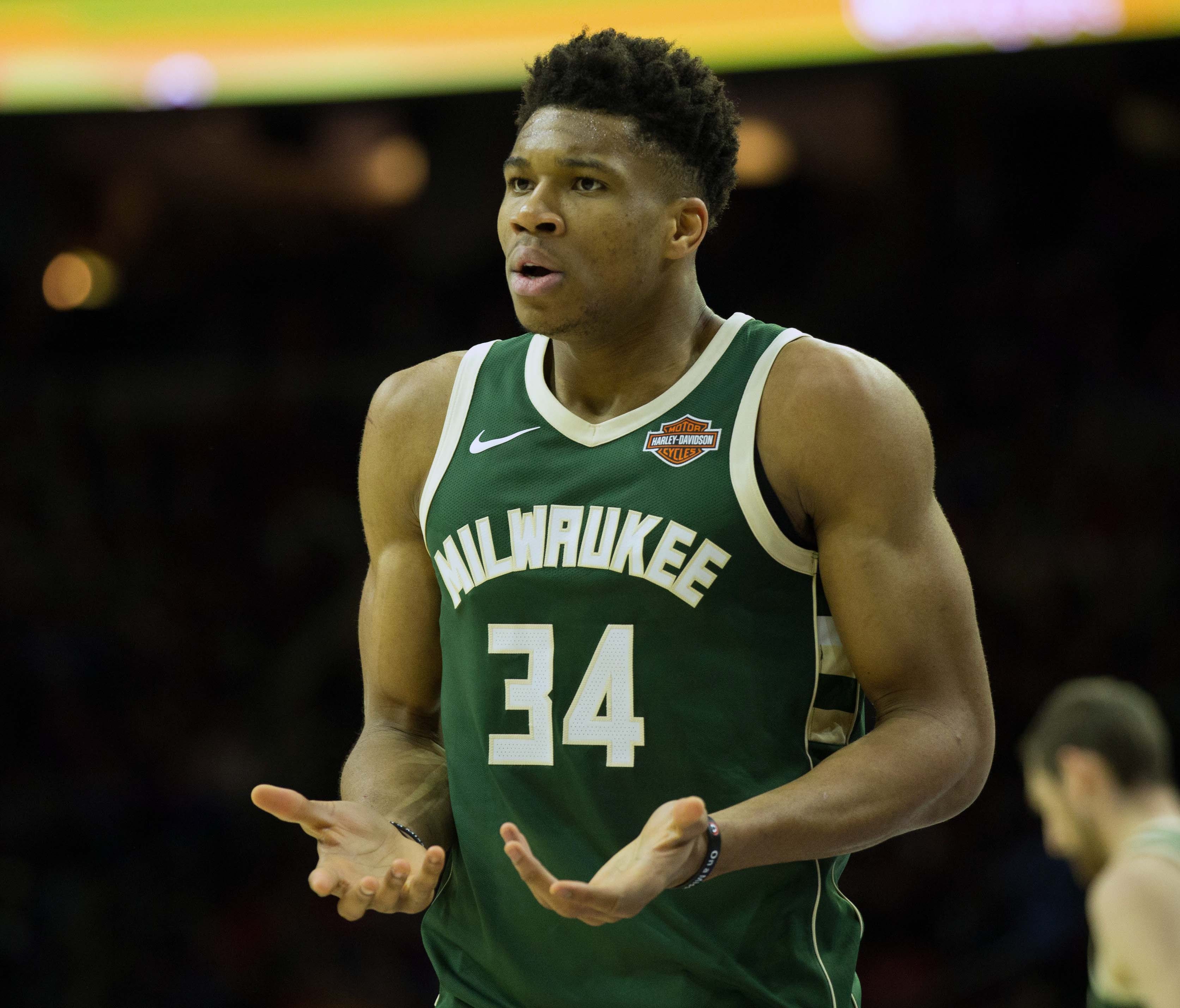 Milwaukee Bucks forward Giannis Antetokounmpo reacts after a turnover against the Philadelphia 76ers during the second quarter at Wells Fargo Center.
