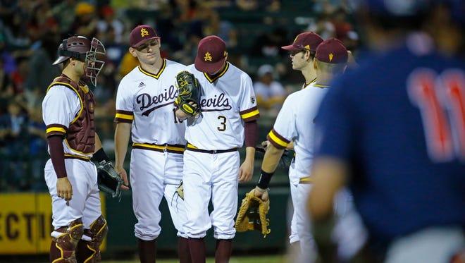 After giving up four runs Arizona State pitcher Chaz Montoya (3) gets pulled  against Arizona in the third inning of their NCAA baseball game Saturday May 20, 2017 in Phoenix, Ariz.   