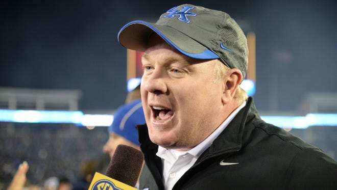 UK head coach Mark Stoops is interviewed after winning the University of Kentucky Wildcats Football game against the South Carolina Gamecocks in Lexington, KY. Saturday, October 4, 2014.