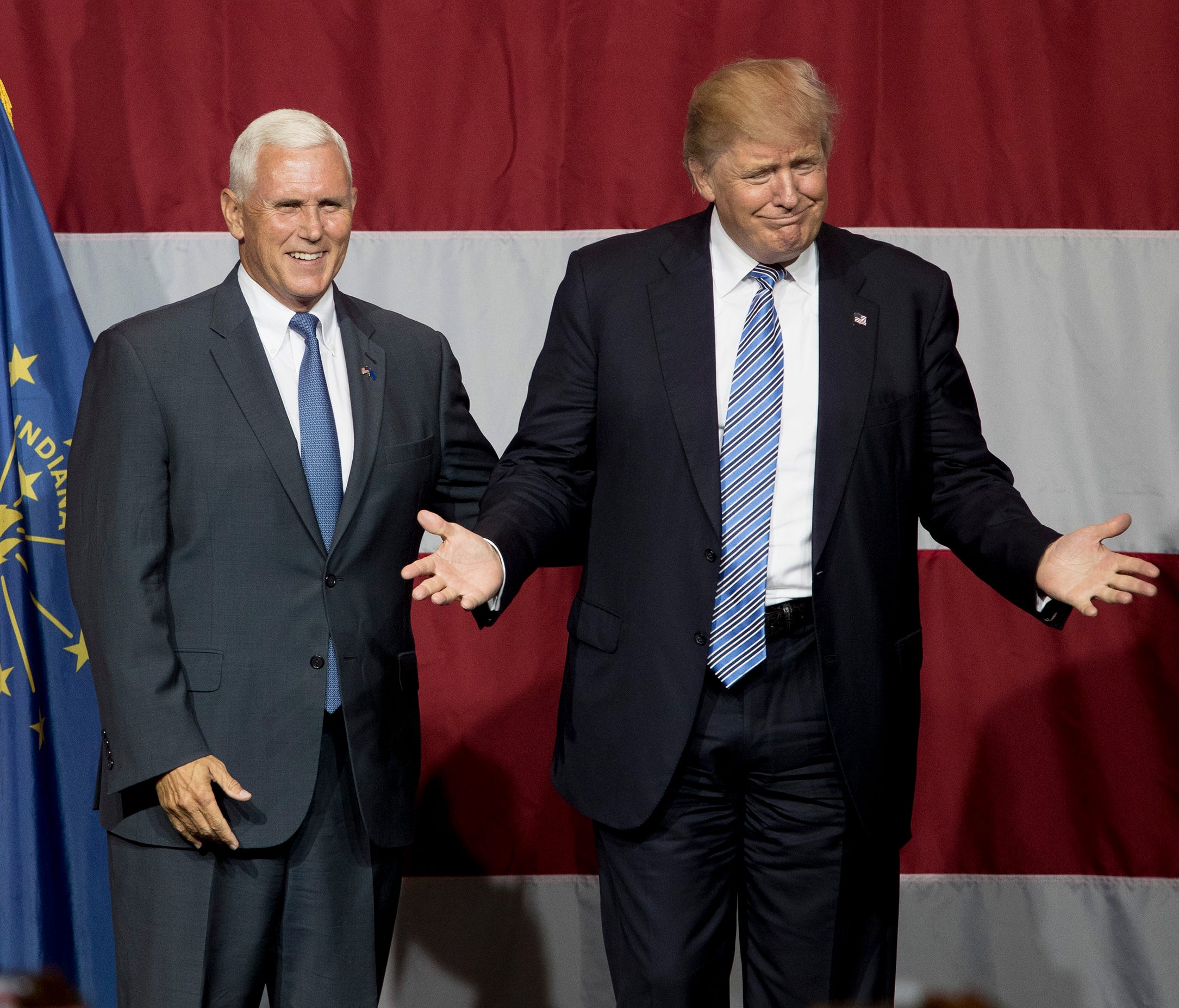 Republican presidential candidate Donald Trump greets Indiana Gov. Mike Pence at the Grand Park Events Center on July 12, 2016 in Westfield, Indiana.  (Photo by Aaron P. Bernstein/Getty Images)