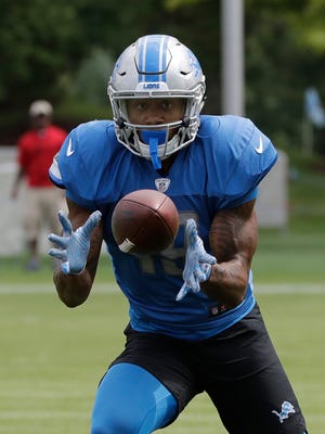 Lions rookie receiver Kenny Golladay makes a catch during training camp Monday, Aug. 7, 2017 in Allen Park.