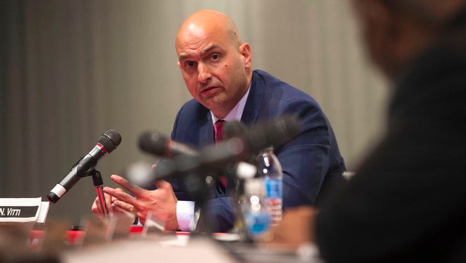 Detroit Public Schools Community District superintendent candidate Nikolai Vitti responds to a question while he is interviewed by the DPSCD Board of Education on Wednesday, March 29, 2017 at Detroit Collegiate Preparatory High School in Detroit. 