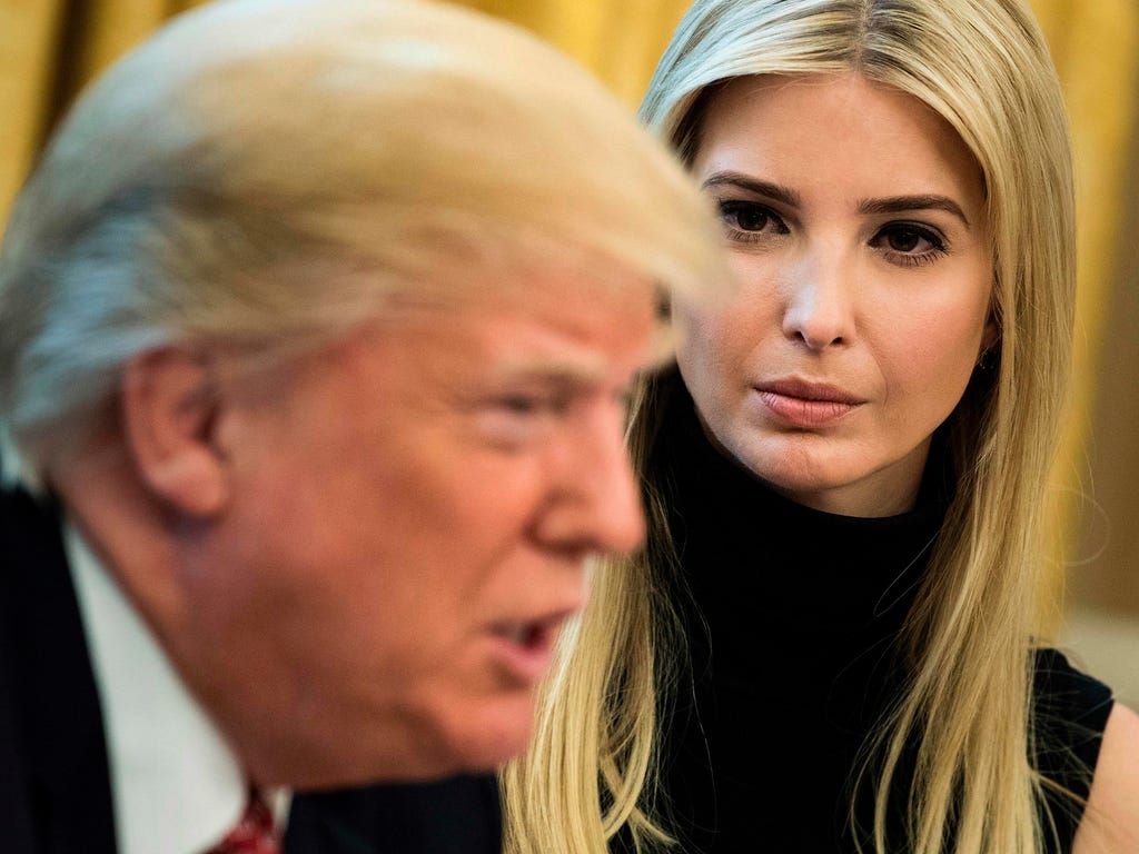 Ivanka Trump listens while her father President Donald Trump speaks via video with NASA astronauts aboard the International Space Station from the Oval Office of the White House in Washington.