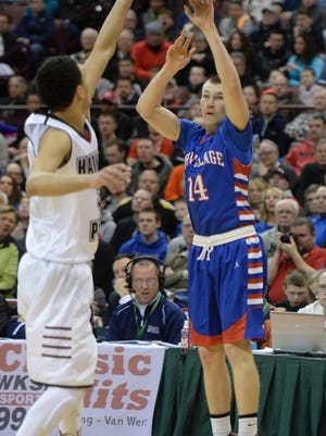 Tri-Village's Gavin Richards shoots against Harvest Prep during the Division IV State basketball game, Saturday, March 28, 2015, at Ohio State in Columbus, Ohio.