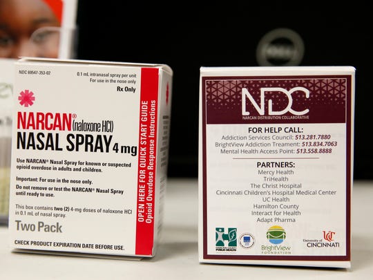 Narcan, the brand for the opioid overdose antidote naloxone, is on a table at the Hamilton County jail, where a coalition provides free doses of the non-narcotic to try to prevent overdose deaths during the opioid epidemic.