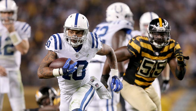 Indianapolis Colts Donte Moncrief turns up field after making a catch in the second half of their game.The Indianapolis Colts played the Pittsburgh Steelers Sunday, October 26, 2014, afternoon at Heinz Field in Pittsburgh PA.
