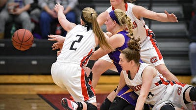 St. Cloud State junior Chelsea Nooker (34, lower right) scrambles for the ball in a game against Minnesota State-Mankato earlier this season at Halenbeck Hall
