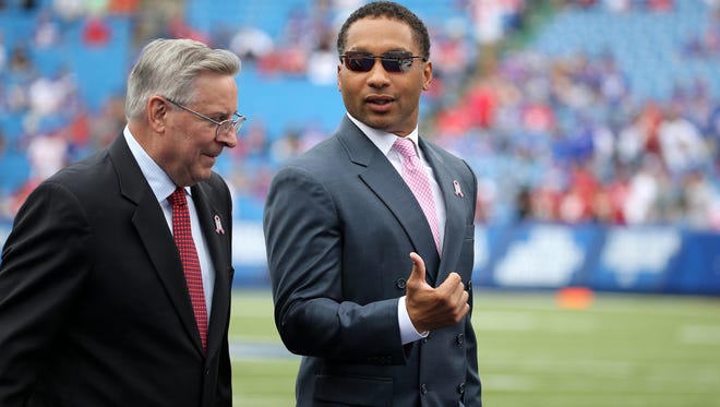 Doug Whaley said he was told after the fact that owner Terry Pegula, left, had fired coach Rex Ryan.