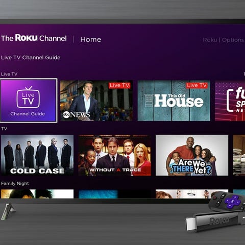 The Roku Channel homescreen displayed on a TV. A R