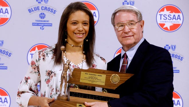 Mr and Miss Basketball players were awarded at MTSU on Tuesday, March 6, 2018. Division II-A Miss Basketball winner Ashton Hulme, USJ with Mike Reed the TSSAA Board of Control President. 