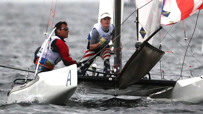 Bora Gulari, left, (U-M/Ann Arbor GreenHills) sails with teammate Louisa Chafee in mixed nacra 17 (mulithull) in Guanabara Bay in Rio at the Olympics.