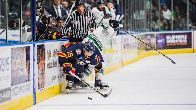 Eagles forward Michael Joly collides with an everblades player during game 5 of the Kelly Cup Finals against the Colorado Eagles at Germain Arena on Saturday, June 2, 2018.