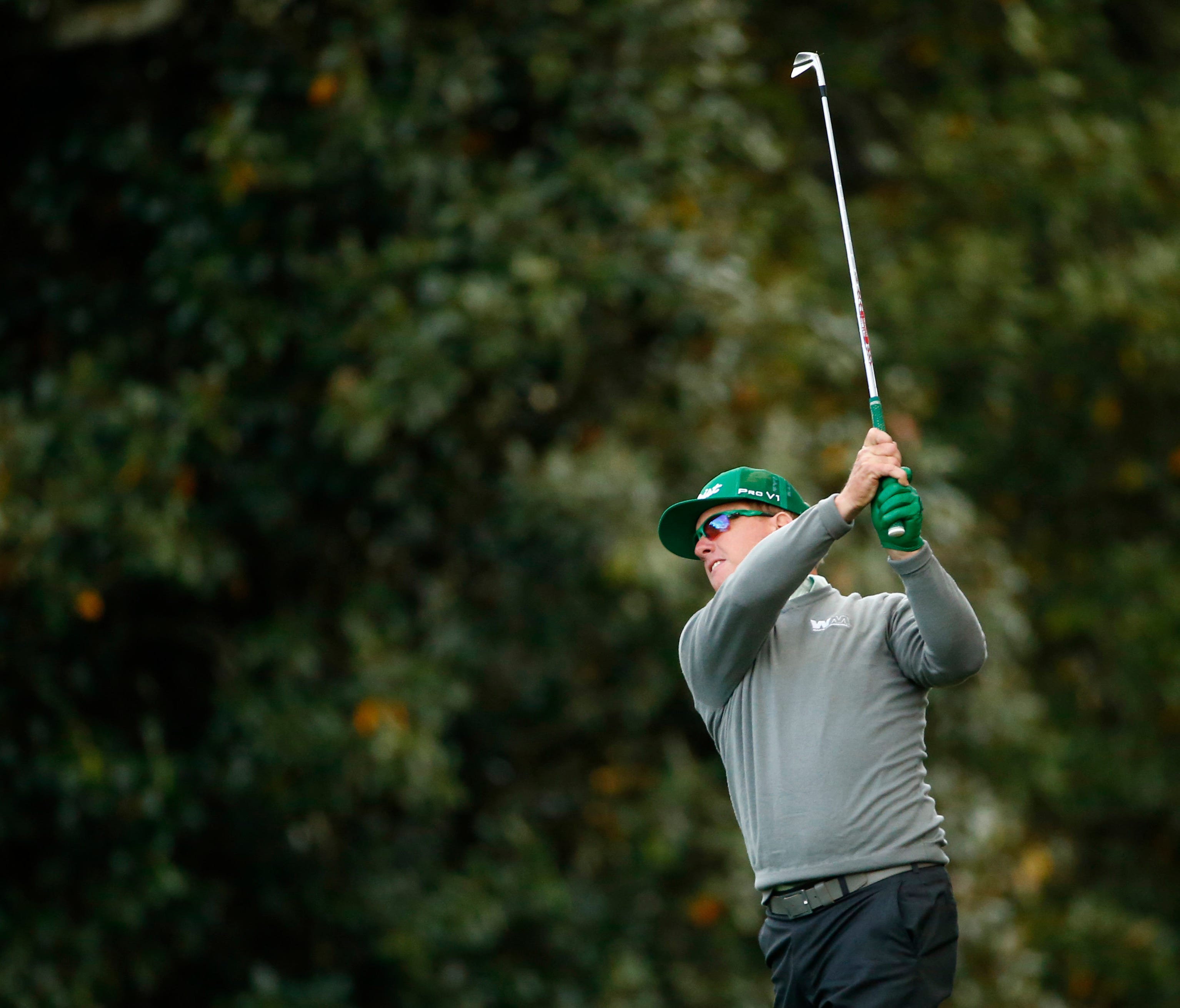 Charley Hoffman plays his second shot on the 18th hole during the first round of the Masters on April 6.