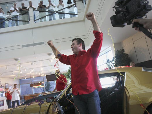 Schnatter drove the car into the company lobby.  Papa