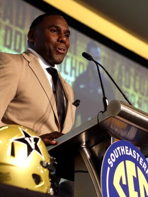 Vanderbilt coach, Derek Mason, speaks to the media at the Southeastern Conference NCAA college football media days, Monday, July 13, 2015, in Hoover, Ala. (AP Photo/Butch Dill)