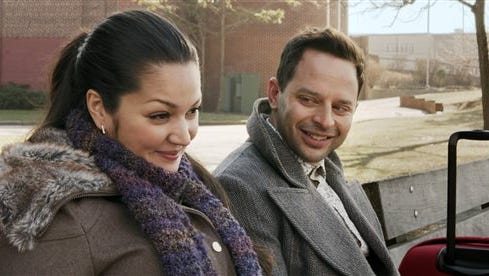 In this image released by Radius-TWC, Paula Garces, left, and Nick Kroll appear in a scene from "Adult Beginners." (Radius-TWC via AP)