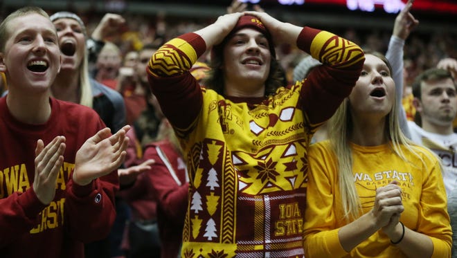 Iowa State students cheer on the Cyclones during the men's basketball game against No. 1 Oklahoma on Monday, Jan. 18, 2016, in Hilton Coliseum. The Cyclones beat the Sooners 82-77.