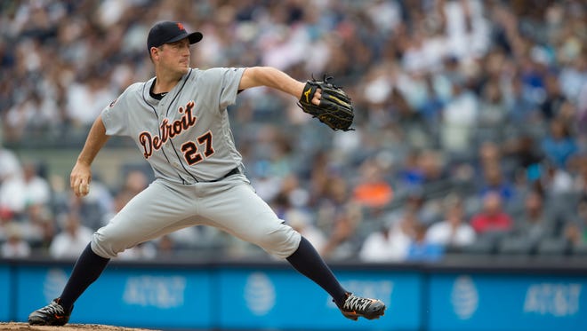 Tigers starting pitcher Jordan Zimmermann delivers a pitch against the Yankees during the first inning Wednesday, Aug. 2, 2017 in New York.