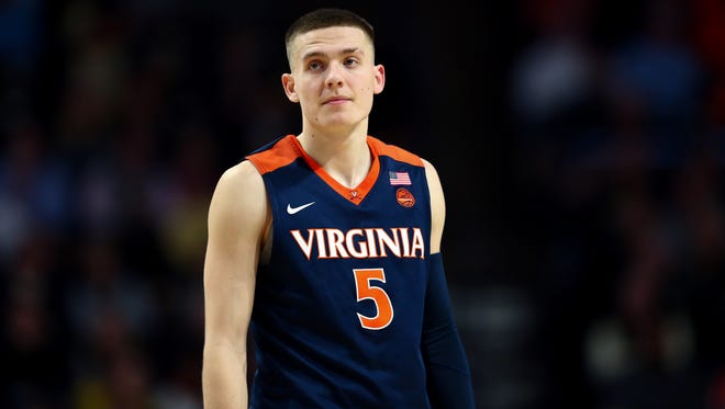 Jan 21, 2018; Winston-Salem, NC, USA; Virginia Cavaliers guard Kyle Guy (5) stands on the court in the second half against the Wake Forest Demon Deacons at Lawrence Joel Veterans Memorial Coliseum.