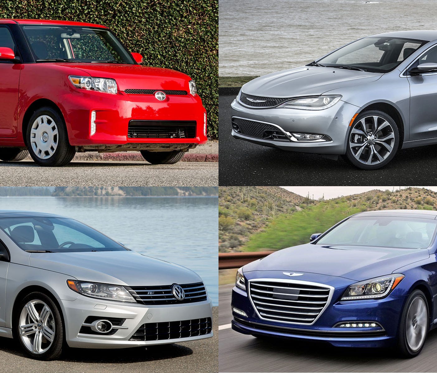 Clockwise from upper left, 2015 Scion xB, 2016 Chrysler 200 C, 2016 Hyundai Genesis and 2017 Volkswagen CC