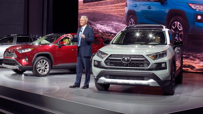 Jack Hollis, vice president of Toyota, introduces the 2019 Toyota RAV4, Wednesday, March 28, 2018, at the New York International Auto Show.