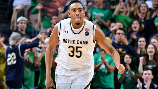 Jan 24, 2017; South Bend, IN, USA; Notre Dame Fighting Irish forward Bonzie Colson (35) reacts after a basket in the first half against the Virginia Cavaliers at the Purcell Pavilion. Mandatory Credit: Matt Cashore-USA TODAY Sports
