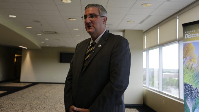 Indiana Lt. Gov. Eric Holcomb discusses the state's strides in clean energy innovation on Thursday at Purdue.