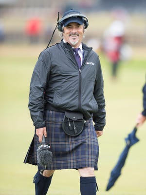Commentator David Feherty sports a kilt as he covers the British Open at Royal Troon Golf Club on June 16.