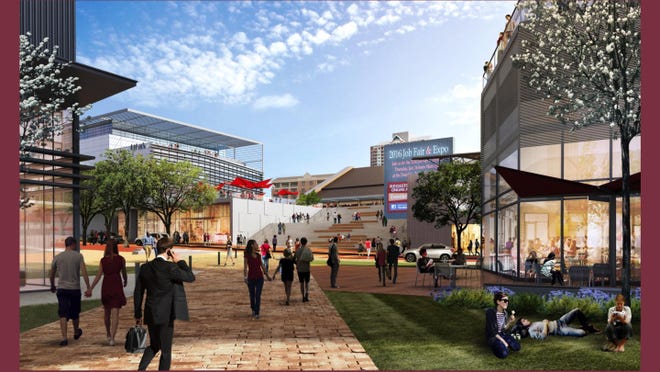 An artist rendering of the finished Arena District, an ambitious project within Tallahassee’s urban core that will include a convention center, hotel, Florida State University’s College of Business, the Tucker Civic Center and more.