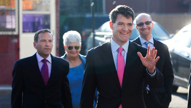 Former Port Authority of New York and New Jersey executive Bill Baroni and his team arrive at Federal Court in Newark to resume his testimony in Newark, N.J., Tuesday, Oct. 18. 2016.