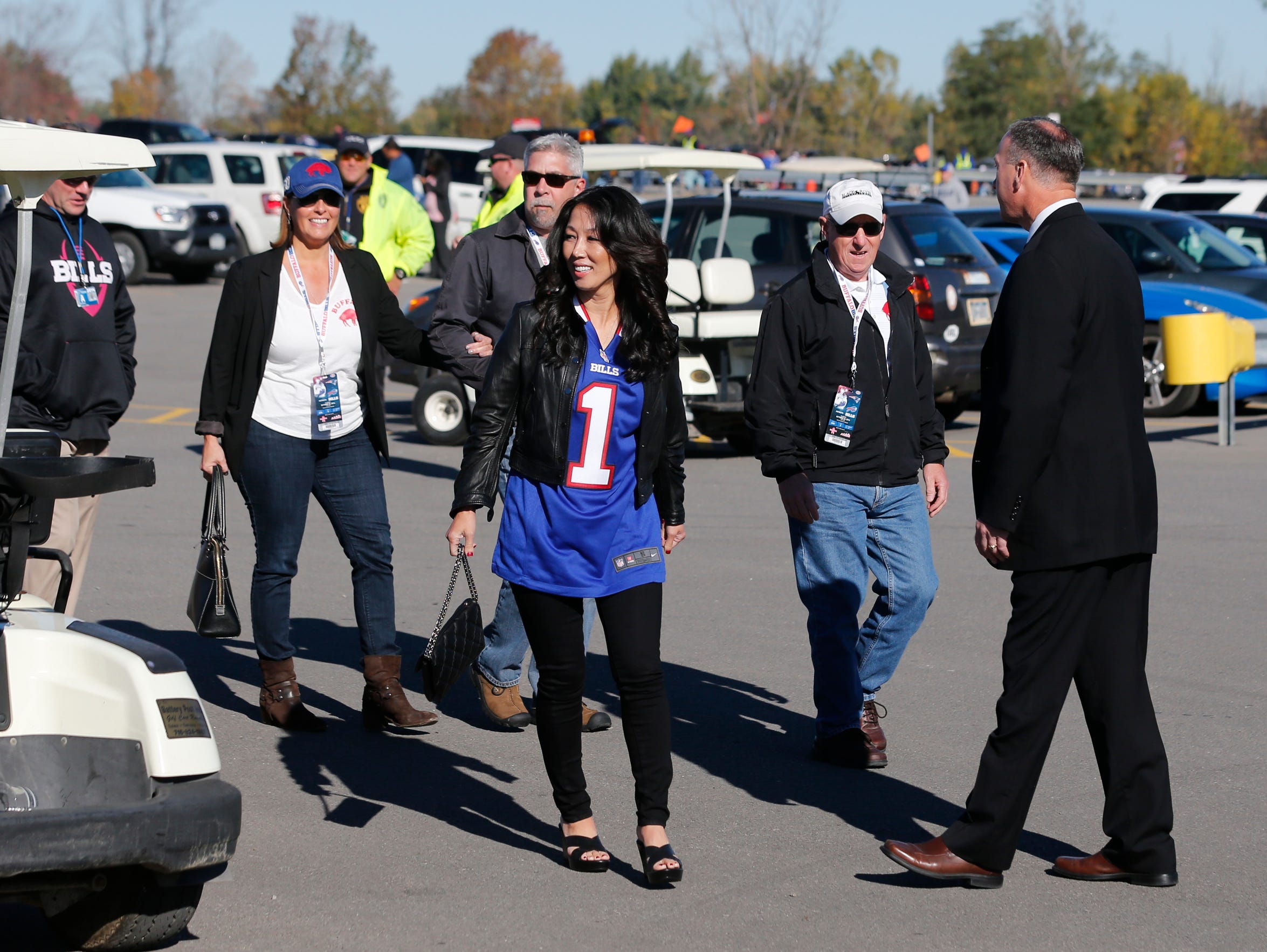 Kim Pegula arrives before an NFL game between the Buffalo