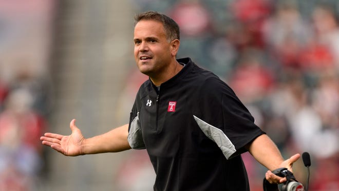 Temple Owls coach Matt Rhule questions a call during the fourth quarter against the Fordham Rams at Lincoln Financial Field. Fordham defeated Temple 30-29.