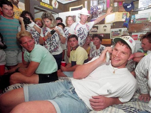 Brett Favre talks to the Atlanta Falcons from his bedroom