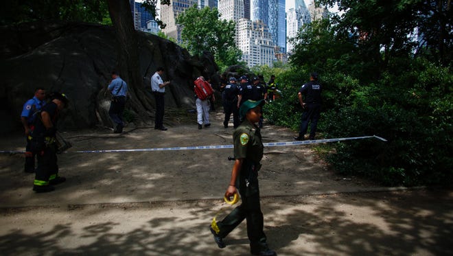 Police secure the affected area in Central Park following an explosion on July 3, 2016 in Neew York.The New York Police Department (NYPD) said one person was injured. No further details were immediately available.    / AFP PHOTO / KENA BETANCURKENA BETANCUR/AFP/Getty Images