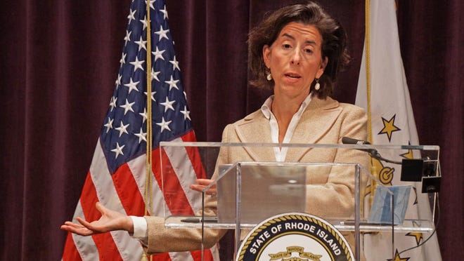 Gov. Gina Raimondo holds her regular news briefing on the COVID-19 situation at the Veterans Memorial Auditorium in Providence on Wednesday.