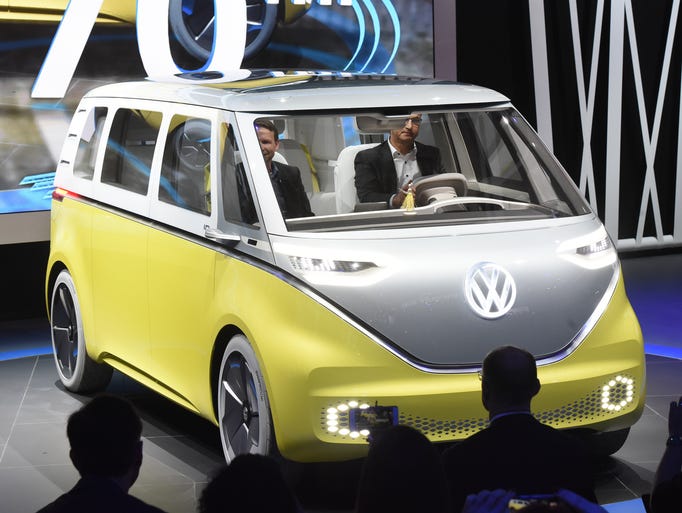 The Volkswagen I.D. Buzz concept is driven onto the