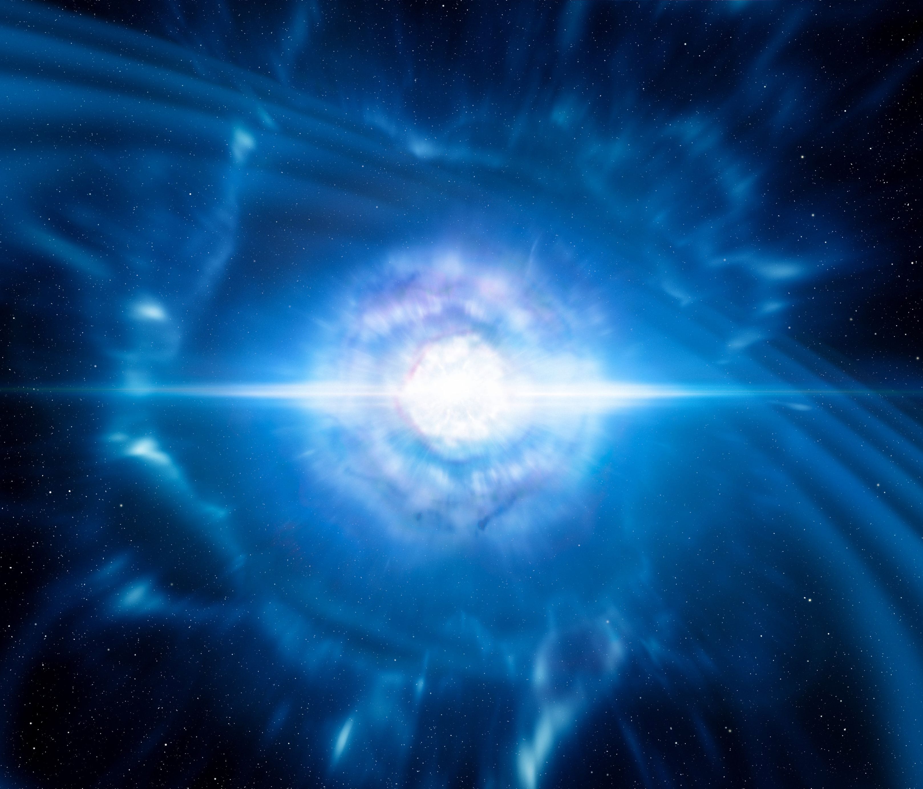 This handout image obtained from the European Southern Observatory on October 16, 2017 is an artists impression showing two tiny but very dense neutron stars at the point at which they merge and explode as a kilonova.