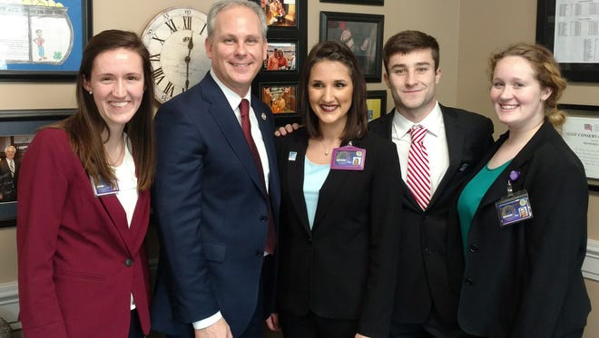 Members of Bethel University’s Physician Assistant Studies Class of 2020 meet with State Senator John Stevens during PA Day on the Hill on Feb. 20. Pictured left to right are: Annie Smith of Columbia, Senator Stevens, Allie Seaton of Savannah, Devan Raymer of Dresden and Krista Hazlett of Murfreesboro.