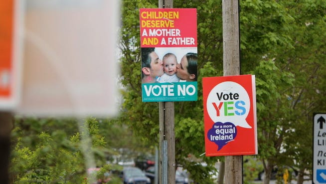 Posters for and against same-sex marriage are seen in Donegal, Ireland, on May 21.