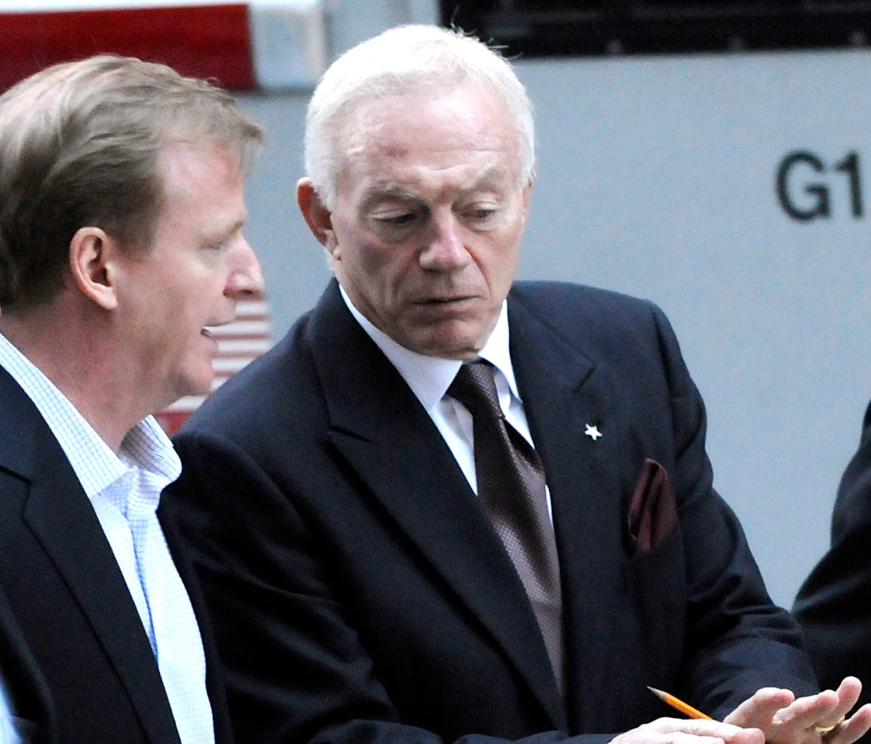 Dallas Cowboys owner Jerry Jones, right, has threatened to sue the league over NFL Commissioner Roger Goodell's contract. Now the league is fighting back.
