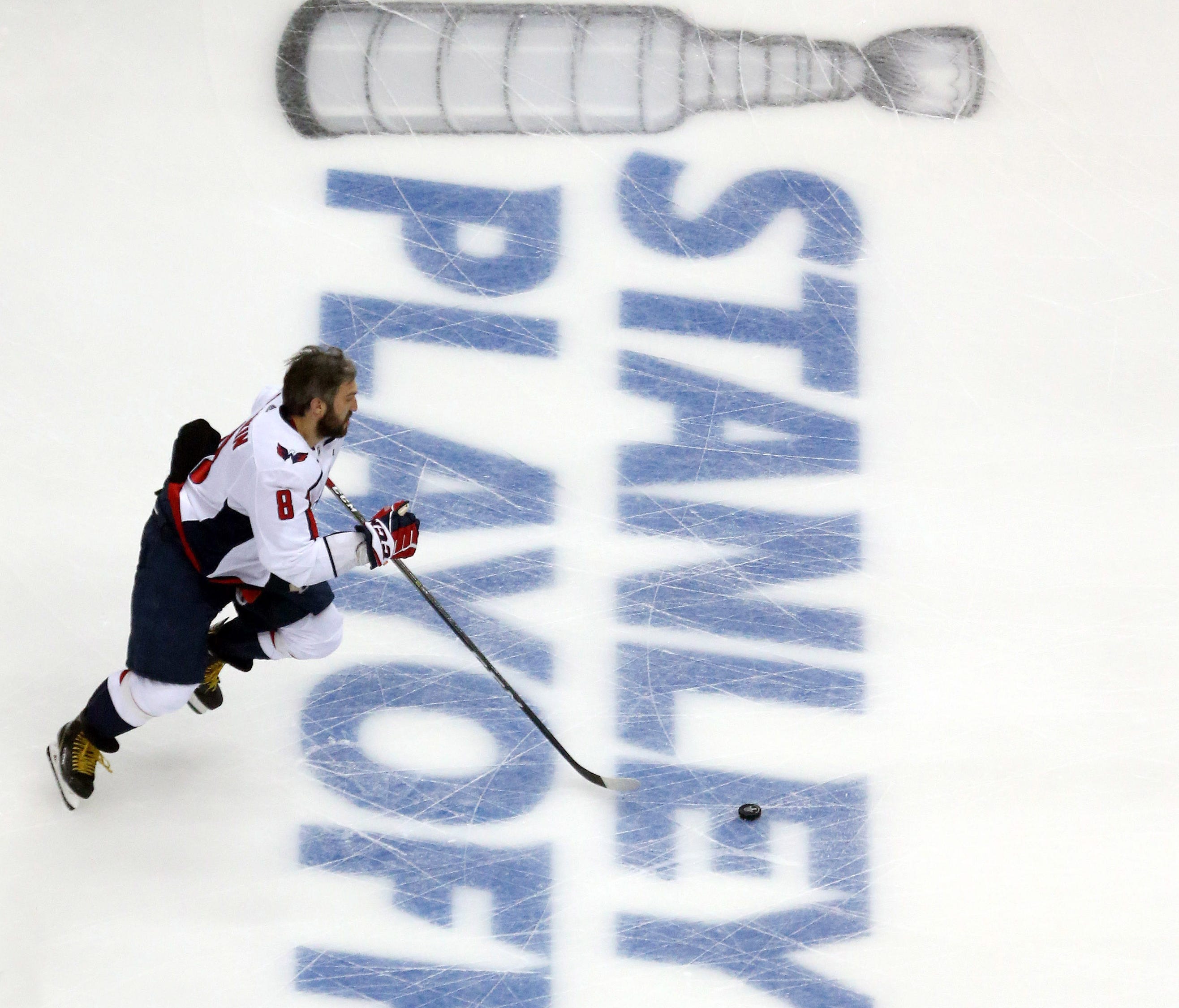 Washington Capitals left wing Alex Ovechkin skates during warmups before playing the Pittsburgh Penguins during the second round.