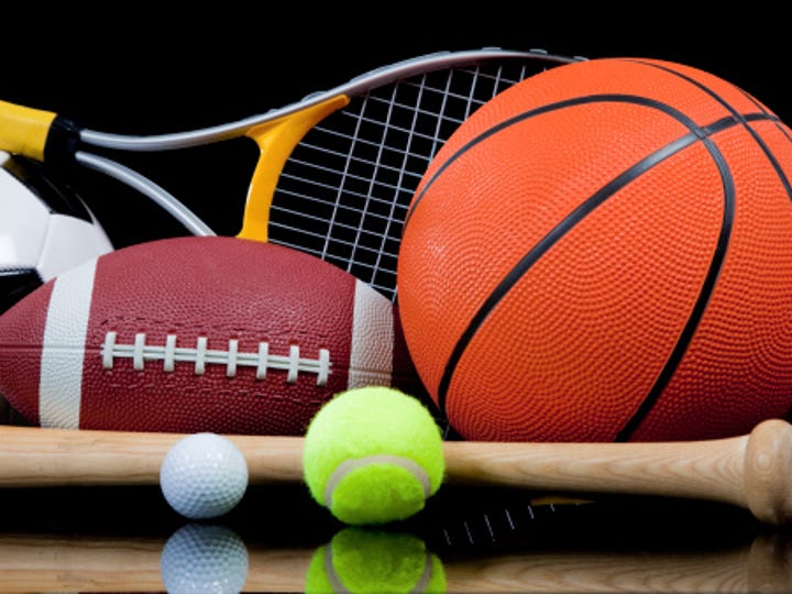 A stock image of assorted sports equipment.
