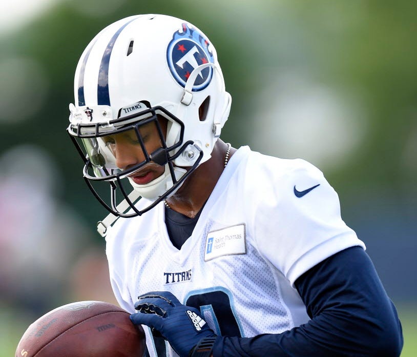 Tennessee Titans wide receiver Tajae Sharpe (19) pulls in a pass during minicamp at St. Thomas Sports Park.